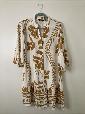 Mlle Gabrielle Mustard Yellow White Botanical Button Front Shift Dress M